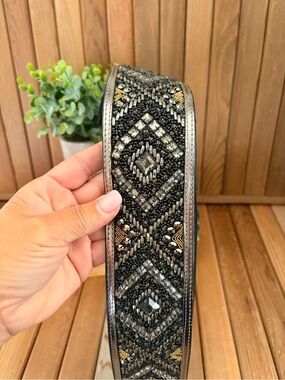 White House Black Market Beaded Crystal Stretch Waist Belt Black Size L